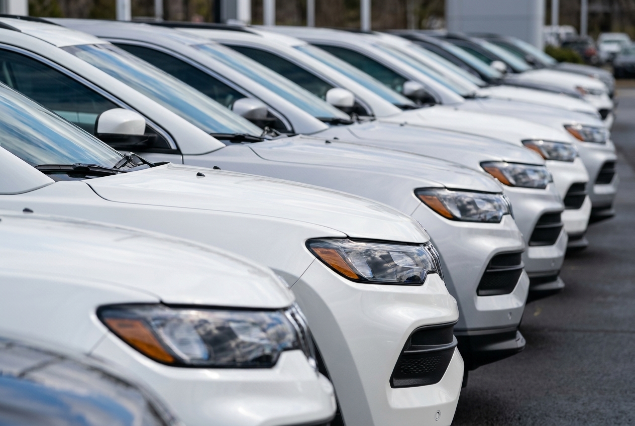 Autoliikkeen pihalla rivi vaihtoautoja